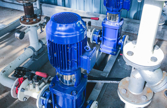 Close-up of blue DESMI vertical multistage pumps used as balance-of-plant pumps, connected to white process piping and valves in an industrial facility.