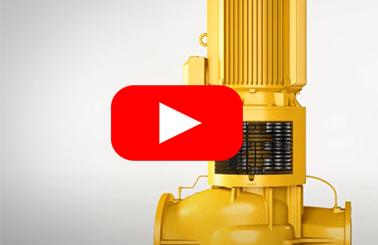 Yellow DESMI vertical centrifugal pump for fluid handling, with a play button overlay.