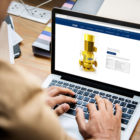 Person viewing DESMI vertical centrifugal pump details on a laptop screen.