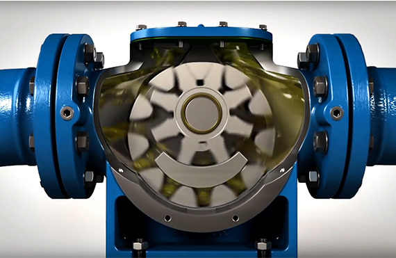 Industrielle Drehkolbenpumpe mit sichtbarem Innenmechanismus zur Flüssigkeitsförderung.