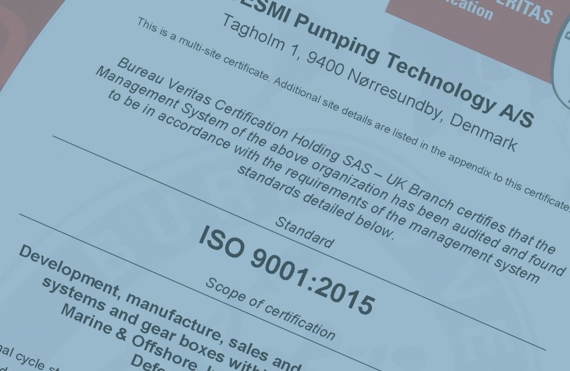 DESMI Pumping Technology ISO 9001:2015 certification from Bureau Veritas, Denmark location.