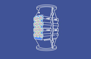 Illustration of a mechanical component with multiple circular elements on a blue background.